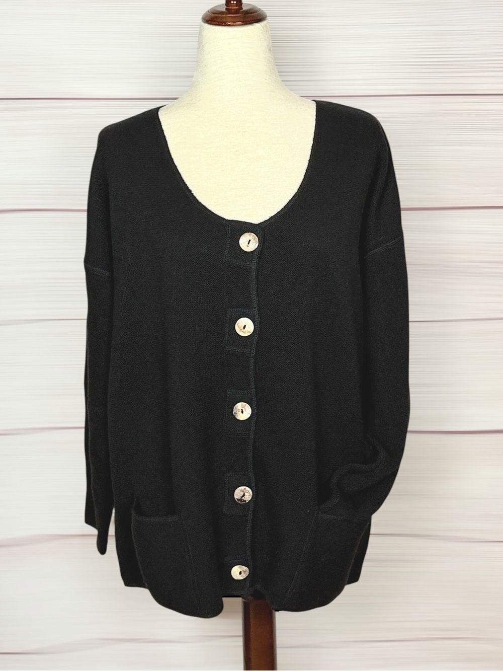 BEYOND THREADS Black Cardigan Alpaca Wool Blend Pockets Oversized size M-XL Peru